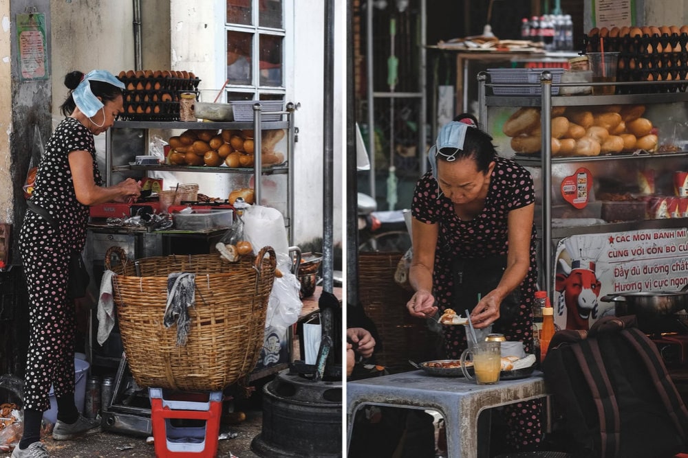 The simple banh mi cart is located in a small alley in District 3